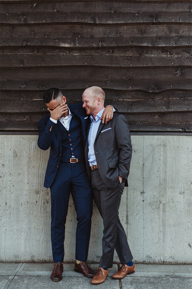 Portrait of newly married couple enjoying a moment alone before reception