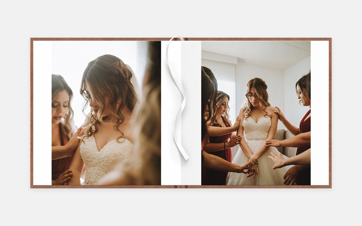 Two-age album spread featuring bride getting ready with bridesmaids