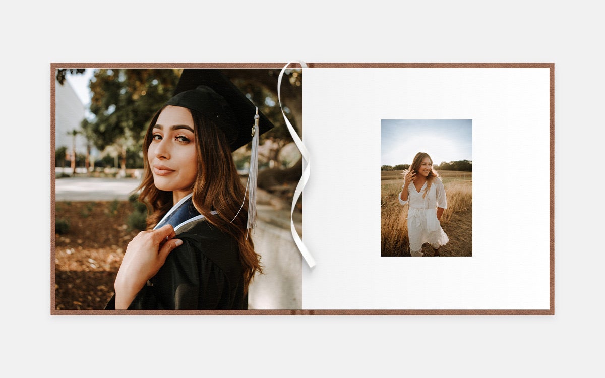 Two-page spread featuring graduation photo and portrait in field