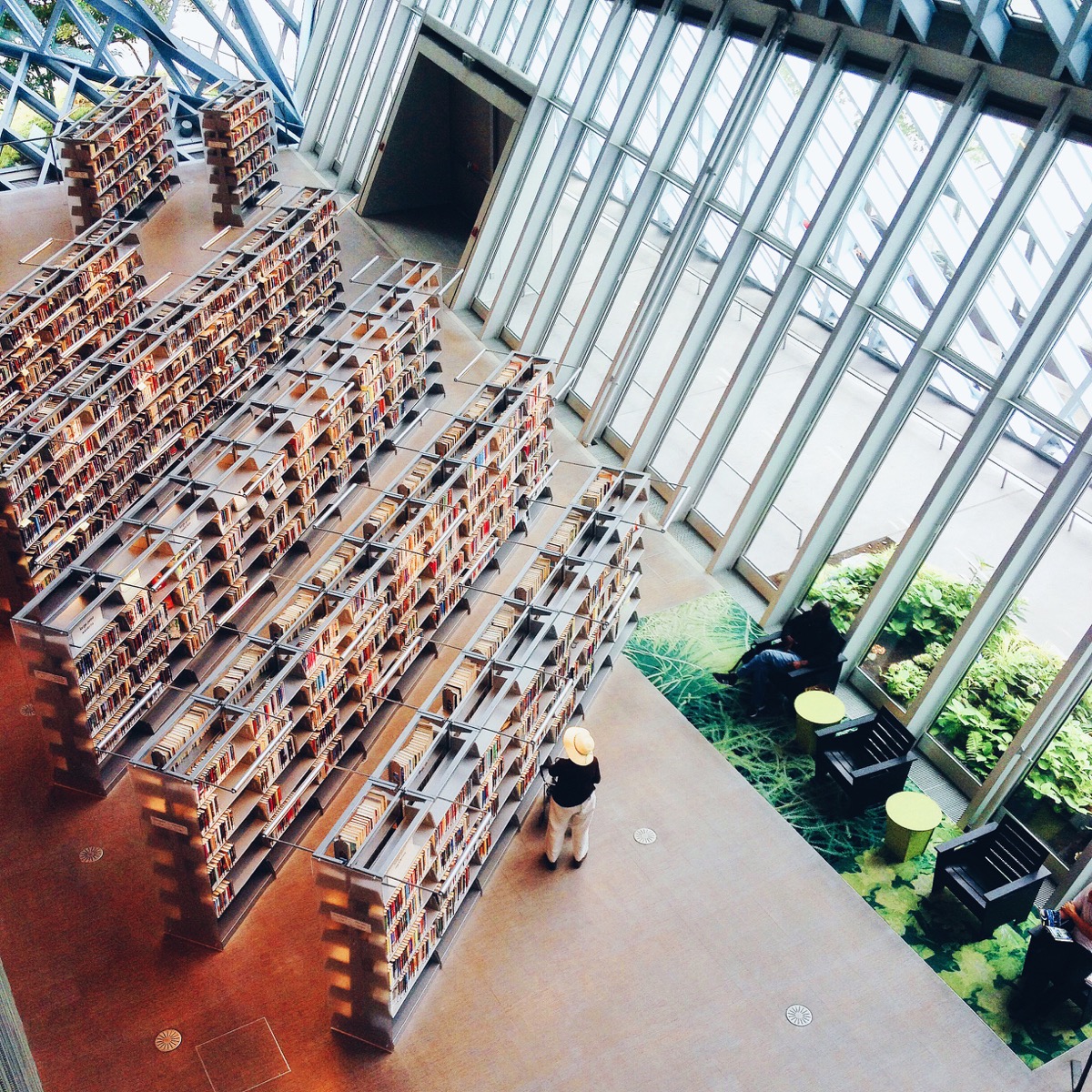 Zach Reed photo of overhead view of shelves in a library