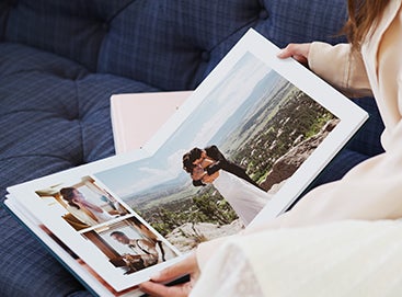 Wedding photo opened to picture of bride and groom