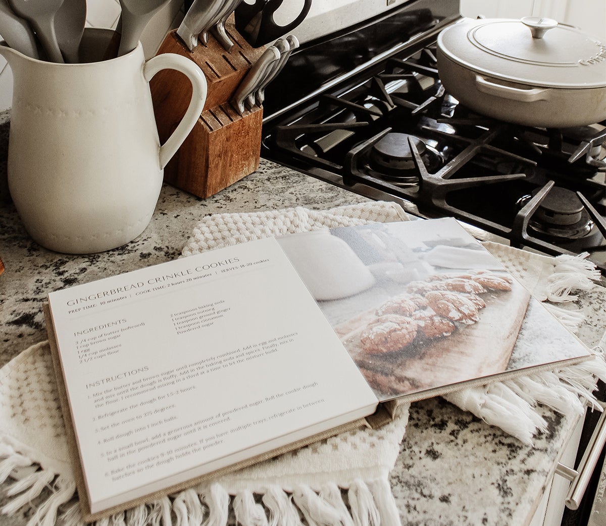 DIY cookbook opened to gingerbread cookie recipe with recipe on right page and photo on left page