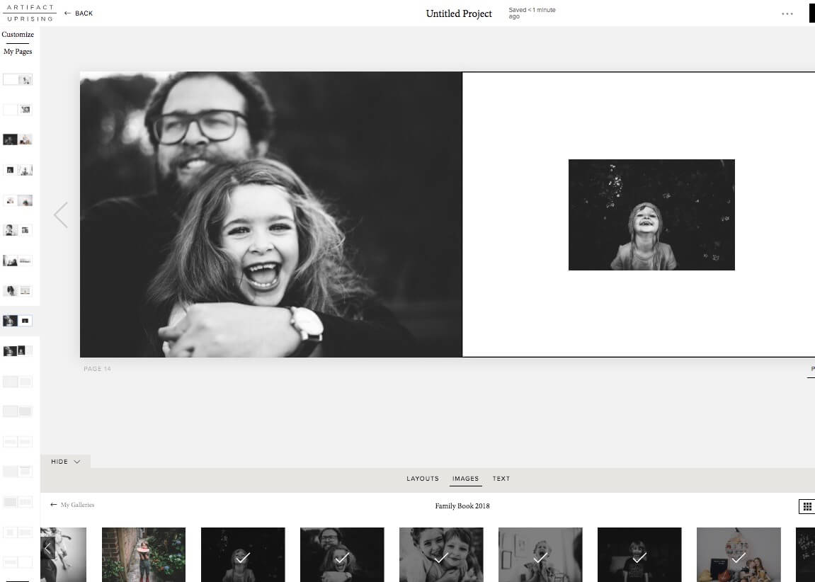 Choosing layouts and adding photos in Artifact Uprising Photo Book Editor