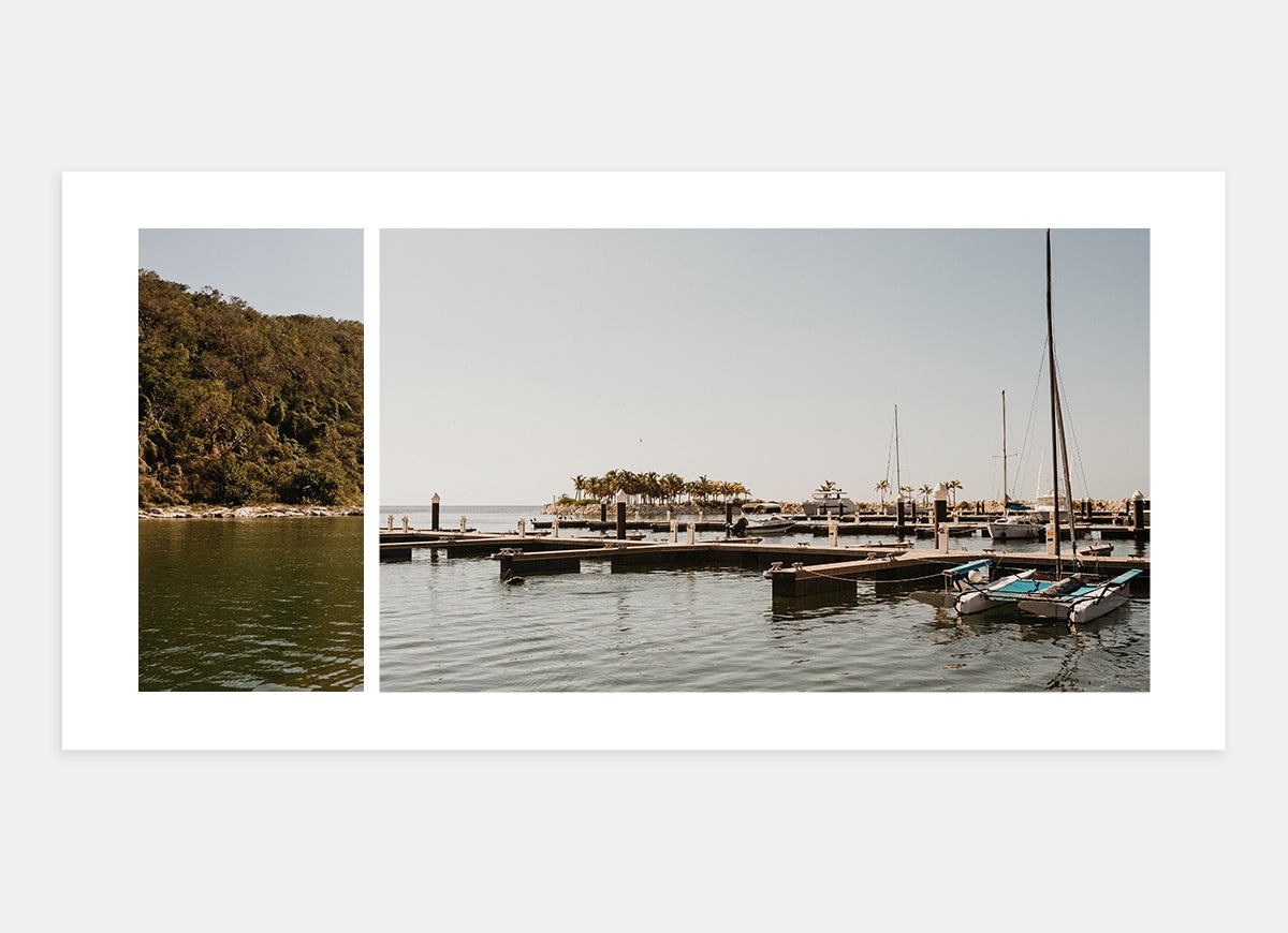 Scene-setting spread in wedding album featuring photos of boats and water